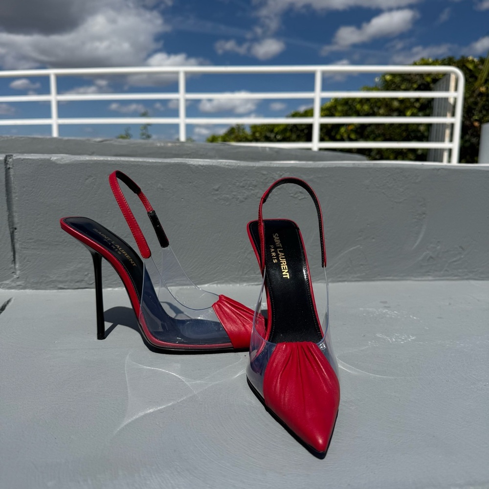 Saint Laurent Red Pointed Slingback Heels with Clear Sides